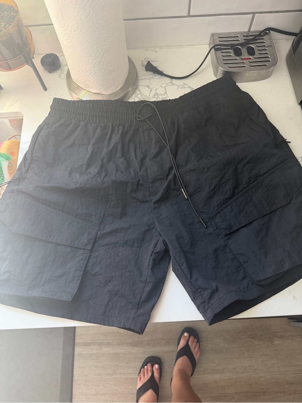 Men's Black Cargo Shorts with Elastic Drawstring Waist